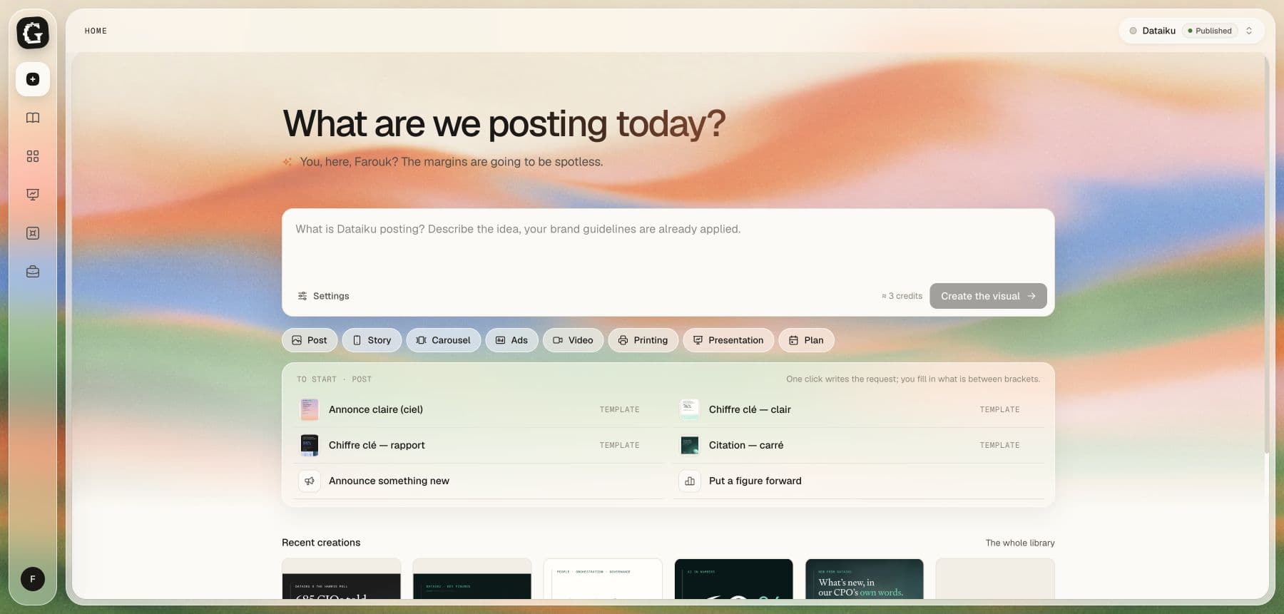 Graphist home: creation starting point and format selection with the Dataiku brand.