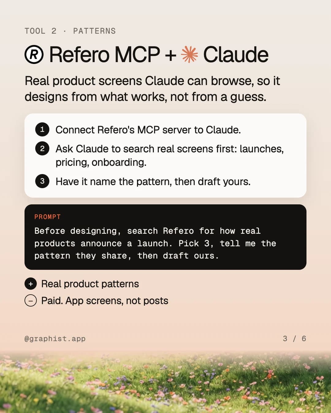 Refero MCP + Claude: real product screens Claude browses before it designs, three steps, a prompt to copy.