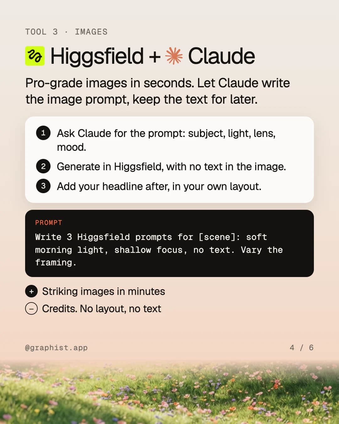 Higgsfield + Claude: Claude writes the image prompt, the text comes after, three steps, a prompt to copy.