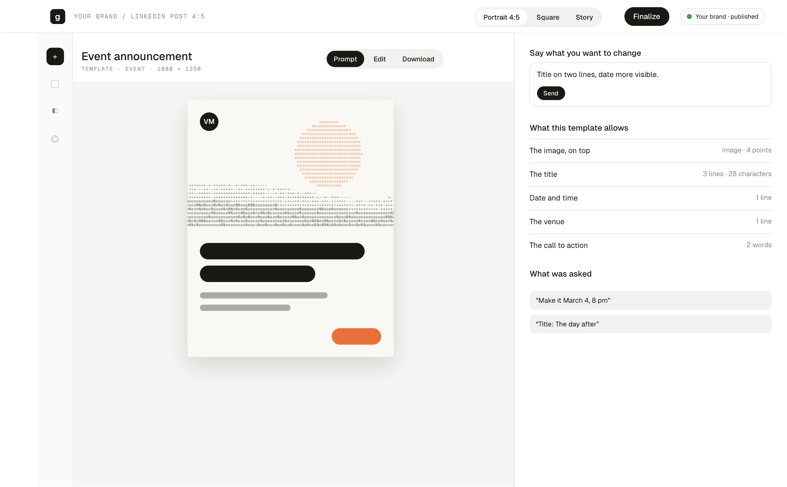 The Graphist studio: a 4:5 LinkedIn post composed with your brand, and the panel to ask for a change.